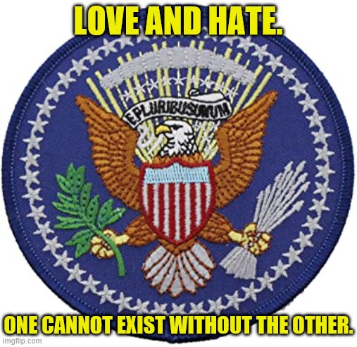 What is proper to hate and what is proper to love? | LOVE AND HATE. ONE CANNOT EXIST WITHOUT THE OTHER. | image tagged in e pluribus unum,hate,love,peace,war,deep thoughts | made w/ Imgflip meme maker