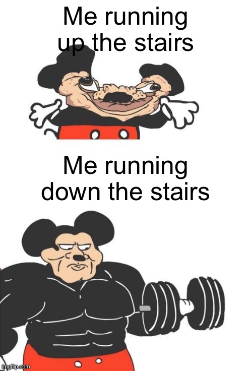 Me in a Nutshell #5: Up the Stairs vs. Down the Stairs | Me running up the stairs; Me running down the stairs | image tagged in buff mickey mouse | made w/ Imgflip meme maker