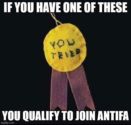 Heroes R US | IF YOU HAVE ONE OF THESE; YOU QUALIFY TO JOIN ANTIFA | image tagged in participation ribbon,antifa | made w/ Imgflip meme maker