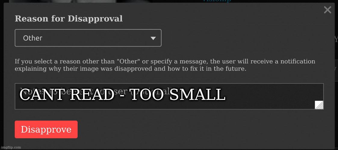Reason for disapproval | CANT READ - TOO SMALL | image tagged in reason for disapproval | made w/ Imgflip meme maker