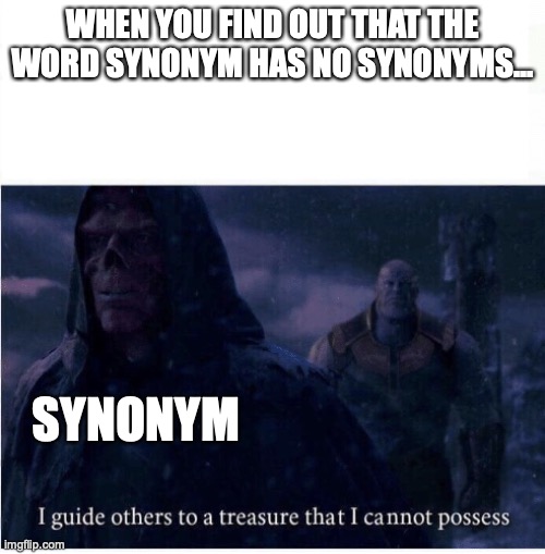 Synonym | WHEN YOU FIND OUT THAT THE WORD SYNONYM HAS NO SYNONYMS... SYNONYM | image tagged in i guide others to a treasure i cannot possess | made w/ Imgflip meme maker