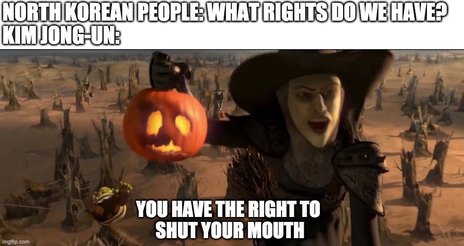 NORTH KOREAN PEOPLE: WHAT RIGHTS DO WE HAVE?
KIM JONG-UN:; YOU HAVE THE RIGHT TO 
SHUT YOUR MOUTH | image tagged in north korea,human rights | made w/ Imgflip meme maker