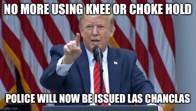 Give police las chanclas! | NO MORE USING KNEE OR CHOKE HOLD; POLICE WILL NOW BE ISSUED LAS CHANCLAS | image tagged in trump press conference,chanclas,knee | made w/ Imgflip meme maker