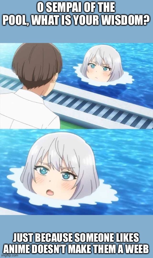 Senpai Of The Pool | O SEMPAI OF THE POOL, WHAT IS YOUR WISDOM? JUST BECAUSE SOMEONE LIKES ANIME DOESN’T MAKE THEM A WEEB | image tagged in senpai of the pool | made w/ Imgflip meme maker