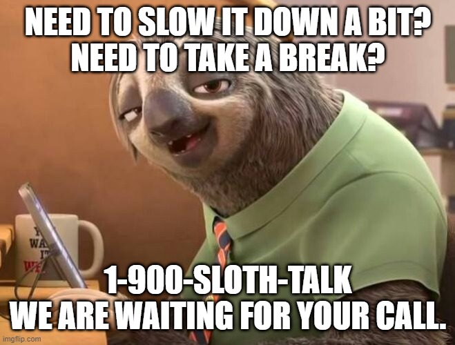 Sloth Talk | NEED TO SLOW IT DOWN A BIT?
NEED TO TAKE A BREAK? 1-900-SLOTH-TALK
WE ARE WAITING FOR YOUR CALL. | image tagged in slow,sloth,mental health | made w/ Imgflip meme maker