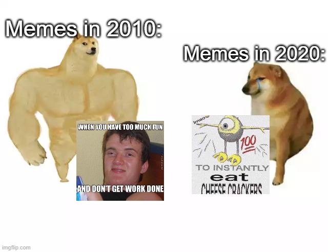 Meme be like:  C̶͖̯̈́̃̊̌̇̆̈́͜ọ̷̺̼̊̆̈́̊͂͂͑͂̓̚r̷̨̡̨͚̤̠̺̖͐͑͛̏͊͑ń̷̳̰̊̓̓̌̅̈́͘̚͝ ̵̫̩̣̈̍̍́̈́̿̈́f̷̥̞̫̺̃͠l̶̝̬̓̇͝ắ̷̽͒̽̔͜ě̶͙̭̰͇̥̳̯̄͂k̷͔̩̗͊͗̂ | Memes in 2020:; Memes in 2010: | image tagged in buff doge vs cheems | made w/ Imgflip meme maker