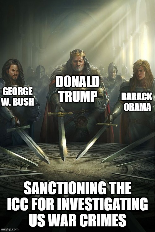 DONALD TRUMP; SANCTIONING THE ICC FOR INVESTIGATING US WAR CRIMES | image tagged in memes | made w/ Imgflip meme maker
