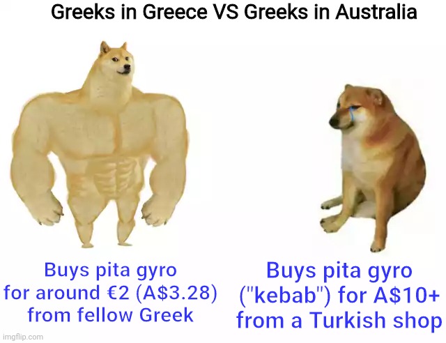 Greeks in Greece VS in Australia | Greeks in Greece VS Greeks in Australia; Buys pita gyro ("kebab") for A$10+ from a Turkish shop; Buys pita gyro for around €2 (A$3.28) from fellow Greek | image tagged in buff doge vs cheems,greek,greeks,greece,australia,kebab | made w/ Imgflip meme maker
