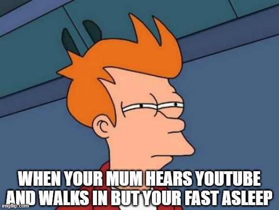 I can relate | WHEN YOUR MUM HEARS YOUTUBE AND WALKS IN BUT YOUR FAST ASLEEP | image tagged in memes,futurama fry | made w/ Imgflip meme maker