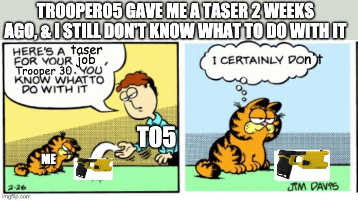 Seriously though, what am I supposed to do with it? | TROOPER05 GAVE ME A TASER 2 WEEKS AGO, & I STILL DON'T KNOW WHAT TO DO WITH IT; taser; n't; job; Trooper 30; T05; ME | image tagged in i certainly do | made w/ Imgflip meme maker