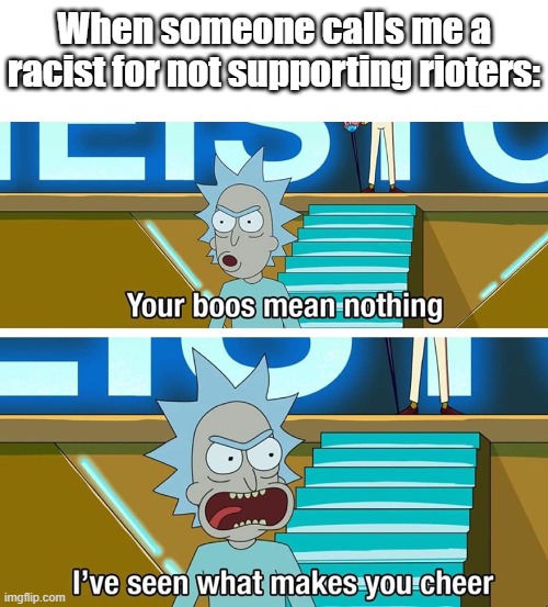 Your boos mean nothing | When someone calls me a racist for not supporting rioters: | image tagged in your boos mean nothing | made w/ Imgflip meme maker