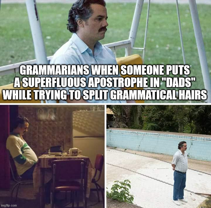 Sad Pablo Escobar Meme | GRAMMARIANS WHEN SOMEONE PUTS A SUPERFLUOUS APOSTROPHE IN "DADS" WHILE TRYING TO SPLIT GRAMMATICAL HAIRS | image tagged in memes,sad pablo escobar | made w/ Imgflip meme maker