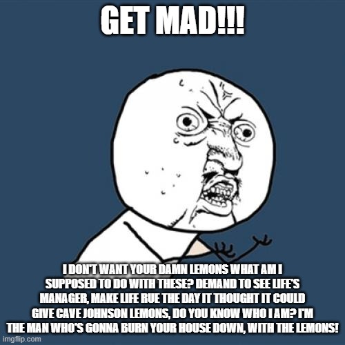 Y U No | GET MAD!!! I DON'T WANT YOUR DAMN LEMONS WHAT AM I SUPPOSED TO DO WITH THESE? DEMAND TO SEE LIFE'S MANAGER, MAKE LIFE RUE THE DAY IT THOUGHT IT COULD GIVE CAVE JOHNSON LEMONS, DO YOU KNOW WHO I AM? I'M THE MAN WHO'S GONNA BURN YOUR HOUSE DOWN, WITH THE LEMONS! | image tagged in memes,y u no | made w/ Imgflip meme maker