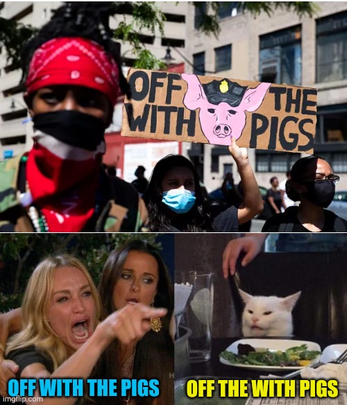 Off off | OFF THE WITH PIGS; OFF WITH THE PIGS | image tagged in memes,woman yelling at cat | made w/ Imgflip meme maker