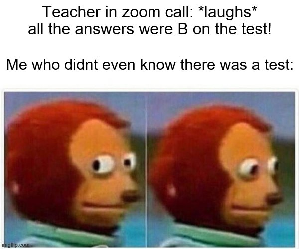 Monkey Puppet | Teacher in zoom call: *laughs* all the answers were B on the test! Me who didnt even know there was a test: | image tagged in memes,monkey puppet | made w/ Imgflip meme maker