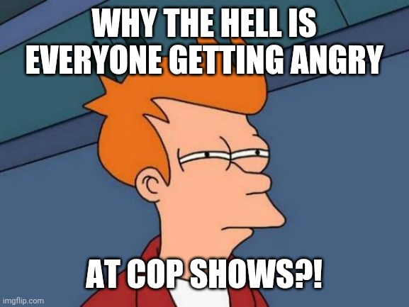 What's next? JOE SWANSON FROM FAMILY GUY?! | WHY THE HELL IS EVERYONE GETTING ANGRY; AT COP SHOWS?! | image tagged in memes,futurama fry,cops | made w/ Imgflip meme maker