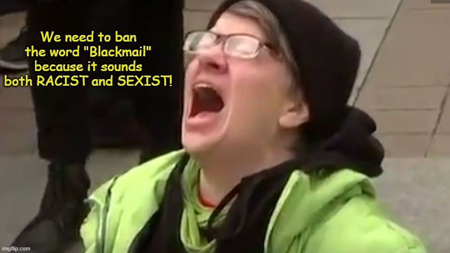 We need to do it NOW before it's too late! | We need to ban the word "Blackmail" because it sounds both RACIST and SEXIST! | image tagged in screaming liberal,memes,snowflakes,ban all things offensive,liberal logic | made w/ Imgflip meme maker