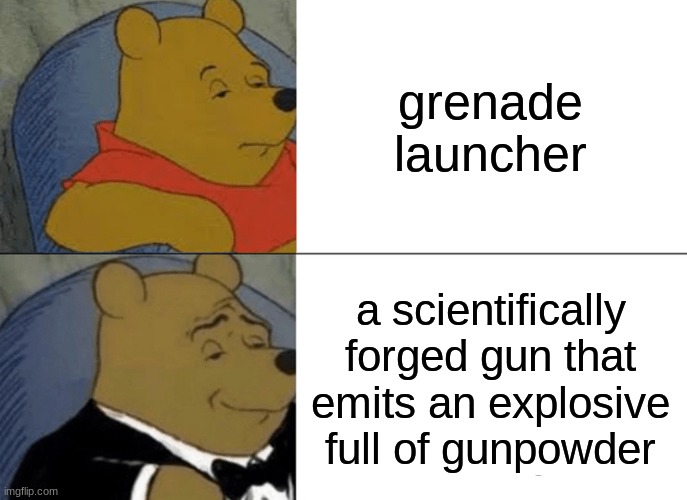 Tuxedo Winnie The Pooh Meme | grenade launcher; a scientifically forged gun that emits an explosive full of gunpowder | image tagged in memes,tuxedo winnie the pooh | made w/ Imgflip meme maker