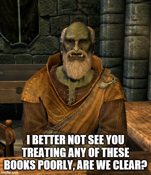 I BETTER NOT SEE YOU TREATING ANY OF THESE BOOKS POORLY, ARE WE CLEAR? | image tagged in skyrim | made w/ Imgflip meme maker