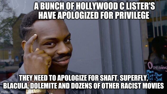 We do not accept your apology | A BUNCH OF HOLLYWOOD C LISTER'S HAVE APOLOGIZED FOR PRIVILEGE; THEY NEED TO APOLOGIZE FOR SHAFT, SUPERFLY, BLACULA, DOLEMITE AND DOZENS OF OTHER RACIST MOVIES | image tagged in memes,roll safe think about it,we do not accept your apology,black spolitation,systemic racism,hollywood is racist | made w/ Imgflip meme maker