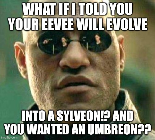 What if | WHAT IF I TOLD YOU YOUR EEVEE WILL EVOLVE; INTO A SYLVEON!? AND YOU WANTED AN UMBREON?? | image tagged in what if i told you | made w/ Imgflip meme maker