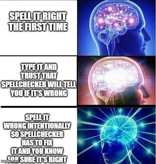 Expanding brain 3 panels | SPELL IT RIGHT THE FIRST TIME; TYPE IT AND TRUST THAT SPELLCHECKER WILL TELL YOU IF IT'S WRONG; SPELL IT WRONG INTENTIONALLY SO SPELLCHECKER HAS TO FIX IT AND YOU KNOW FOR SURE IT'S RIGHT | image tagged in expanding brain 3 panels,memes | made w/ Imgflip meme maker