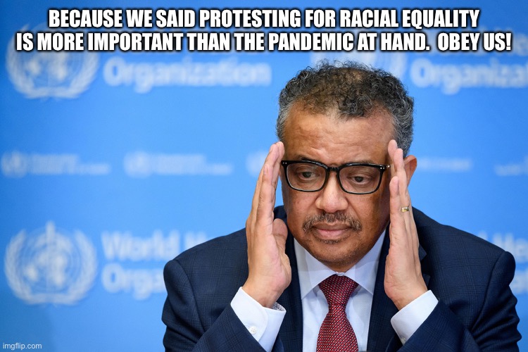 WHO | BECAUSE WE SAID PROTESTING FOR RACIAL EQUALITY IS MORE IMPORTANT THAN THE PANDEMIC AT HAND.  OBEY US! | image tagged in who | made w/ Imgflip meme maker