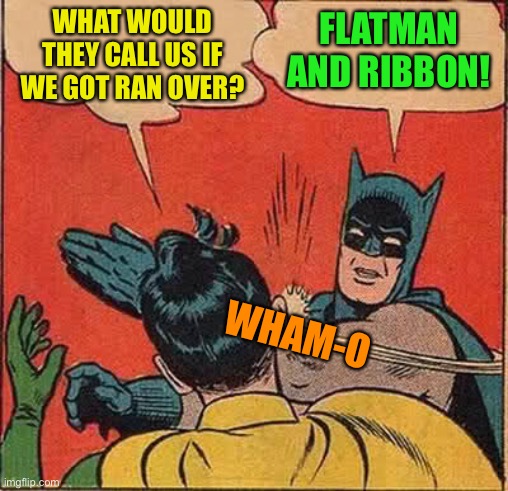 Batman Slapping Robin Meme | WHAT WOULD THEY CALL US IF WE GOT RAN OVER? FLATMAN AND RIBBON! WHAM-O | image tagged in memes,batman slapping robin | made w/ Imgflip meme maker
