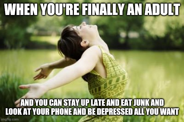 That moment when relief |  WHEN YOU'RE FINALLY AN ADULT; AND YOU CAN STAY UP LATE AND EAT JUNK AND LOOK AT YOUR PHONE AND BE DEPRESSED ALL YOU WANT | image tagged in that moment when relief | made w/ Imgflip meme maker