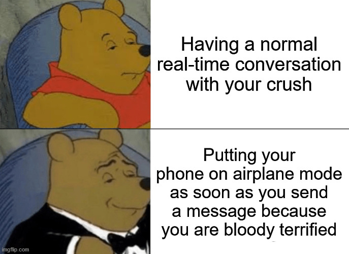 Tuxedo Winnie The Pooh | Having a normal real-time conversation with your crush; Putting your phone on airplane mode as soon as you send a message because you are bloody terrified | image tagged in memes,tuxedo winnie the pooh | made w/ Imgflip meme maker