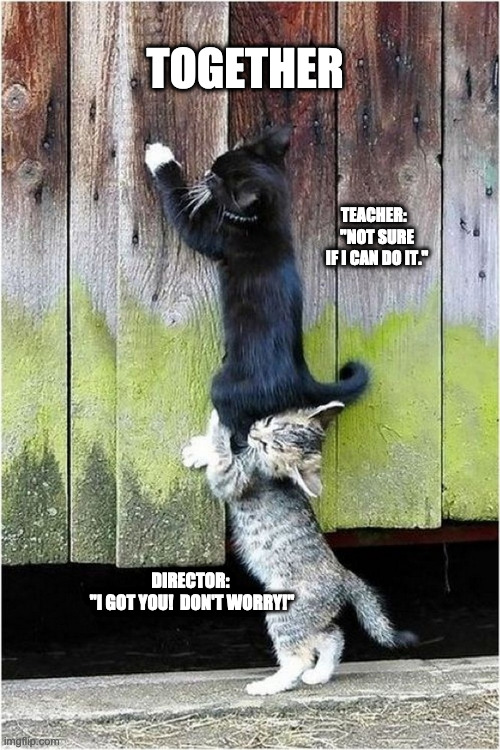 Together | TOGETHER; TEACHER:  
"NOT SURE IF I CAN DO IT."; DIRECTOR: 
"I GOT YOU!  DON'T WORRY!" | image tagged in collaborating cats | made w/ Imgflip meme maker