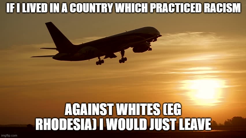 Airplane taking off sunset | IF I LIVED IN A COUNTRY WHICH PRACTICED RACISM; AGAINST WHITES (EG RHODESIA) I WOULD JUST LEAVE | image tagged in airplane taking off sunset | made w/ Imgflip meme maker