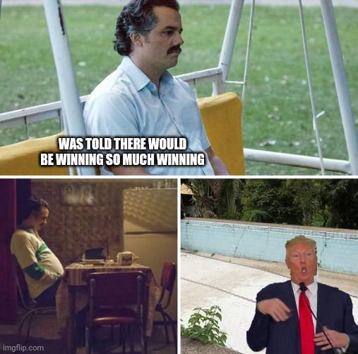 Sad Pablo Escobar | WAS TOLD THERE WOULD BE WINNING SO MUCH WINNING | image tagged in memes,sad pablo escobar | made w/ Imgflip meme maker