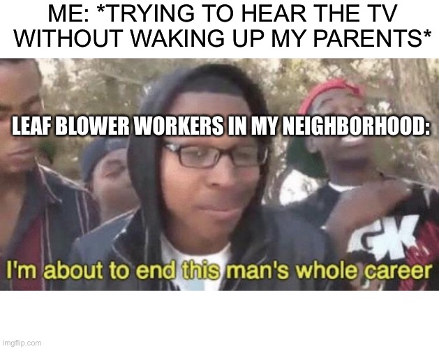 These leaf blower workers just had to work in the morning | ME: *TRYING TO HEAR THE TV WITHOUT WAKING UP MY PARENTS*; LEAF BLOWER WORKERS IN MY NEIGHBORHOOD: | image tagged in im about to end this mans whole career | made w/ Imgflip meme maker