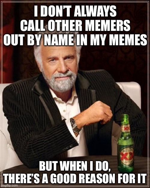 I’m most likely either delivering praise or calling you out for a TOS violation. | I DON’T ALWAYS CALL OTHER MEMERS OUT BY NAME IN MY MEMES; BUT WHEN I DO, THERE’S A GOOD REASON FOR IT | image tagged in memes,the most interesting man in the world,terms and conditions,meanwhile on imgflip,the daily struggle imgflip edition,first w | made w/ Imgflip meme maker