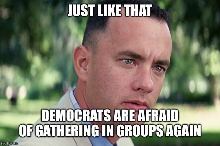And Just Like That Meme | JUST LIKE THAT DEMOCRATS ARE AFRAID OF GATHERING IN GROUPS AGAIN | image tagged in memes,and just like that | made w/ Imgflip meme maker
