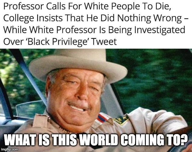 Racist liberal hypocrisy | WHAT IS THIS WORLD COMING TO? | image tagged in buford t justice,memes,politics | made w/ Imgflip meme maker