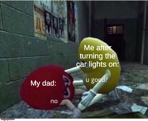 U Good No | Me after turning the car lights on:; My dad: | image tagged in u good no | made w/ Imgflip meme maker