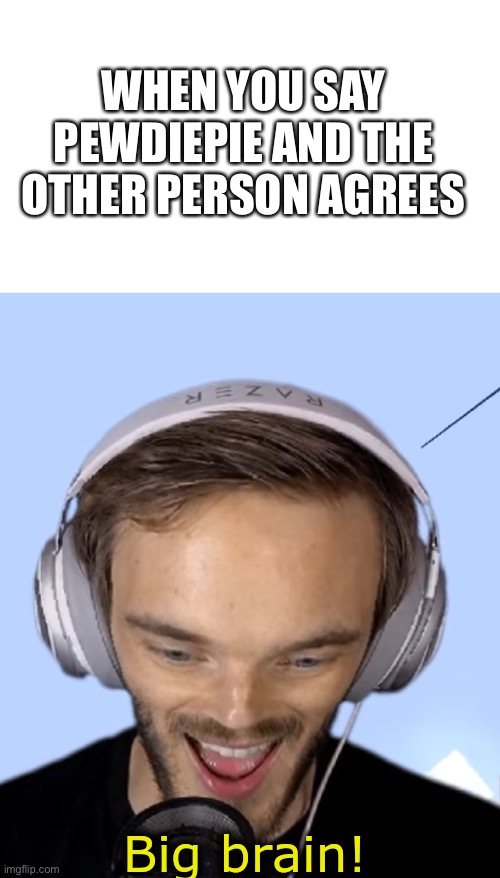 Pewdiepie big brain | WHEN YOU SAY PEWDIEPIE AND THE OTHER PERSON AGREES | image tagged in pewdiepie big brain | made w/ Imgflip meme maker