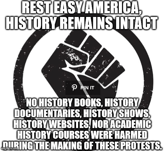 Historyissafe | REST EASY AMERICA, HISTORY REMAINS INTACT; NO HISTORY BOOKS, HISTORY DOCUMENTARIES, HISTORY SHOWS, HISTORY WEBSITES, NOR ACADEMIC HISTORY COURSES WERE HARMED DURING THE MAKING OF THESE PROTESTS. | image tagged in blm fist,protests,history,education,civil rights,racism | made w/ Imgflip meme maker