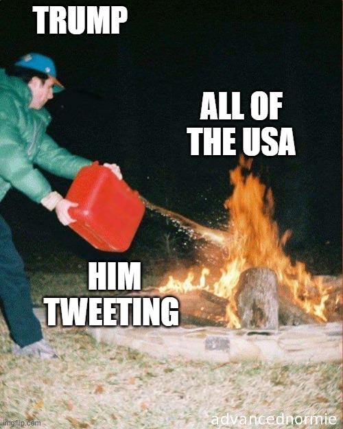i mean, at least try to de-escalation | TRUMP; ALL OF THE USA; HIM TWEETING | image tagged in pouring gas on fire | made w/ Imgflip meme maker