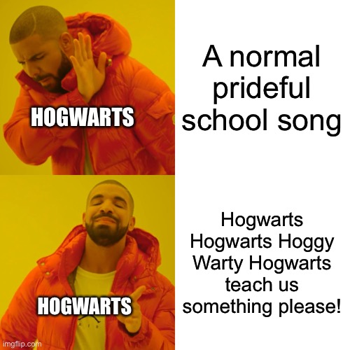 I mean siriusly!? Why this?! | A normal prideful school song; HOGWARTS; Hogwarts Hogwarts Hoggy Warty Hogwarts teach us something please! HOGWARTS | image tagged in memes,drake hotline bling | made w/ Imgflip meme maker