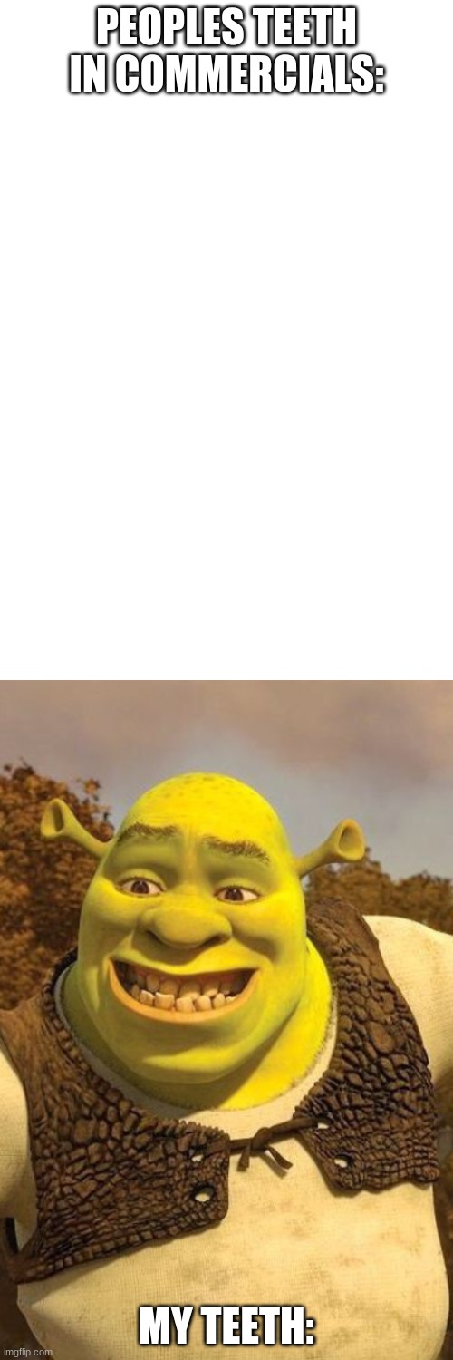 exactly why i have braces | PEOPLES TEETH IN COMMERCIALS:; MY TEETH: | image tagged in blank white template,smiling shrek | made w/ Imgflip meme maker