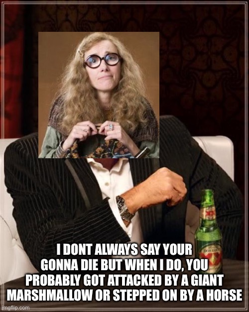 Her prophecys be like | I DONT ALWAYS SAY YOUR GONNA DIE BUT WHEN I DO, YOU PROBABLY GOT ATTACKED BY A GIANT MARSHMALLOW OR STEPPED ON BY A HORSE | image tagged in memes,the most interesting man in the world | made w/ Imgflip meme maker