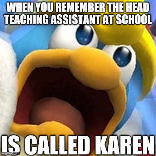 This is true at my school... | WHEN YOU REMEMBER THE HEAD TEACHING ASSISTANT AT SCHOOL; IS CALLED KAREN | image tagged in king dedede oh shit face | made w/ Imgflip meme maker
