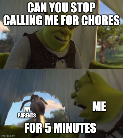 Be honest it's annoying | CAN YOU STOP CALLING ME FOR CHORES; ME; MY PARENTS; FOR 5 MINUTES | image tagged in could you not ___ for 5 minutes,parents,mom,chores,kids | made w/ Imgflip meme maker