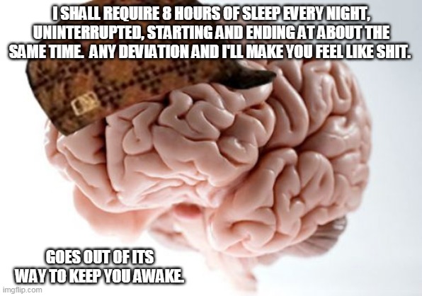 Brain, no sleep | I SHALL REQUIRE 8 HOURS OF SLEEP EVERY NIGHT, UNINTERRUPTED, STARTING AND ENDING AT ABOUT THE SAME TIME.  ANY DEVIATION AND I'LL MAKE YOU FEEL LIKE SHIT. GOES OUT OF ITS WAY TO KEEP YOU AWAKE. | image tagged in memes,scumbag brain,no sleep,sleep | made w/ Imgflip meme maker