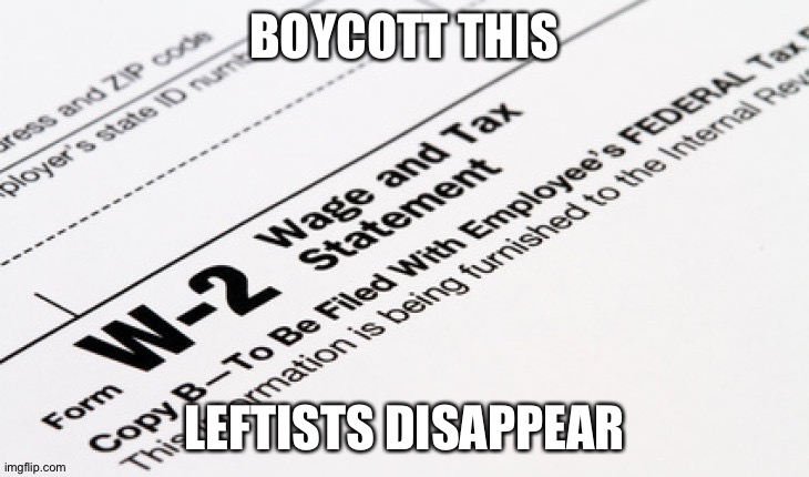 Tax Boycott | BOYCOTT THIS; LEFTISTS DISAPPEAR | image tagged in irs w2 tax form | made w/ Imgflip meme maker