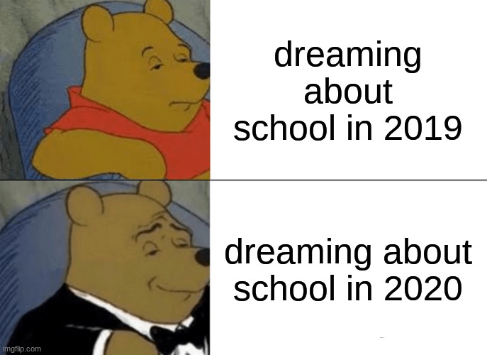 relatable | dreaming about school in 2019; dreaming about school in 2020 | image tagged in memes,tuxedo winnie the pooh | made w/ Imgflip meme maker
