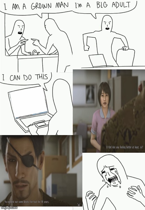 Majima and Makoto | image tagged in i'm a grown man | made w/ Imgflip meme maker